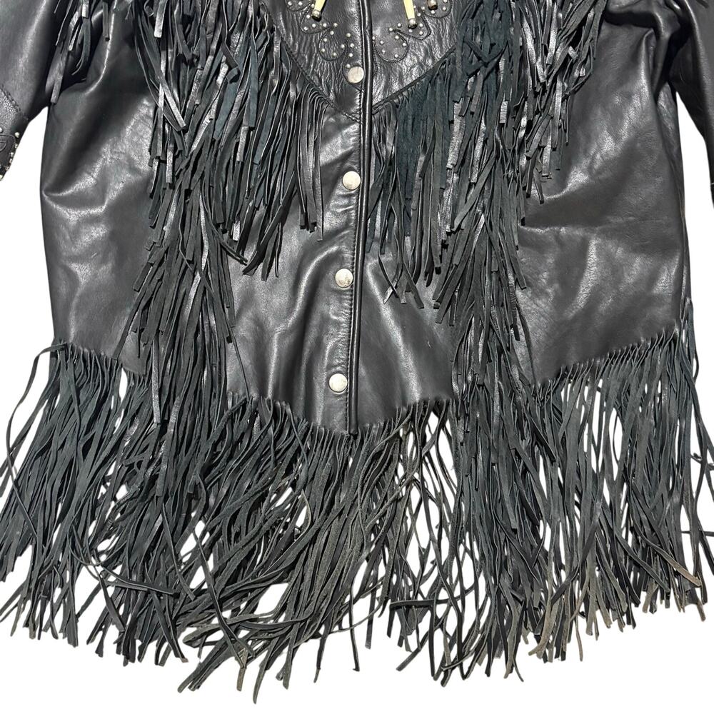 Pro Rider Leather Jacket Fringes Bone Beads Western Native American XL Vintage - Picture 3 of 9